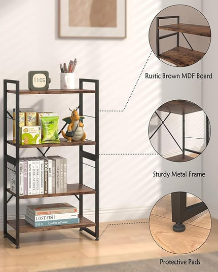 4 Tiers Bookshelf Adjustable Shelf Organizer, Rustic Brown Small Bookcase for Small Space,Industrial Wooden Storage Bookcase Display Rack and Storage Organizer for Living Room Home Office - LeafyLoom