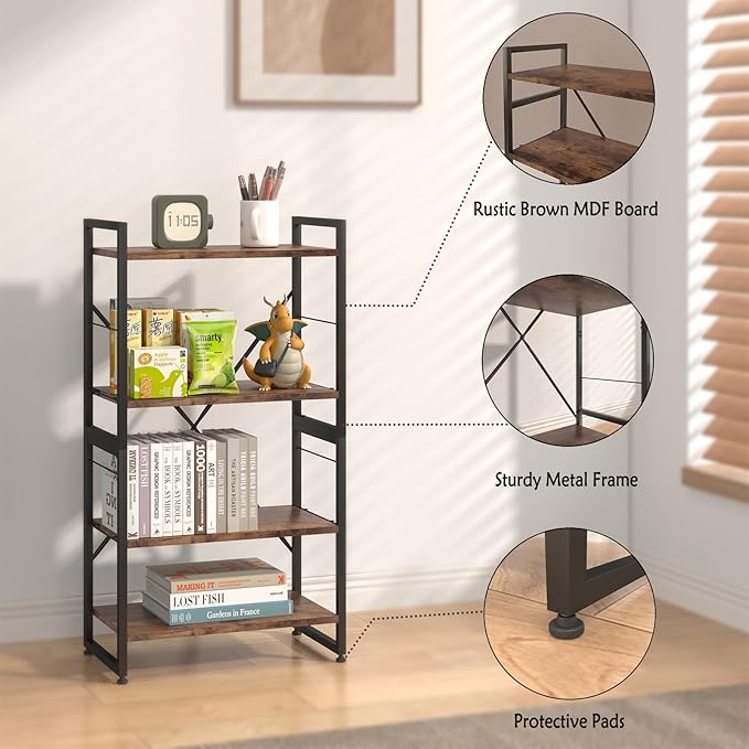 4 Tiers Bookshelf Adjustable Shelf Organizer, Rustic Brown Small Bookcase for Small Space,Industrial Wooden Storage Bookcase Display Rack and Storage Organizer for Living Room Home Office - LeafyLoom