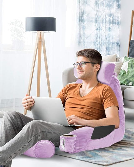 Clara Clark Reading Pillow, Large Back Pillow for Sitting Up in Bed, Memory Foam Back Support Pillow, Reading Pillows for Sitting in Bed Adult, Lavender Sit Up Pillow for Bed with Arms and Pockets - LeafyLoom