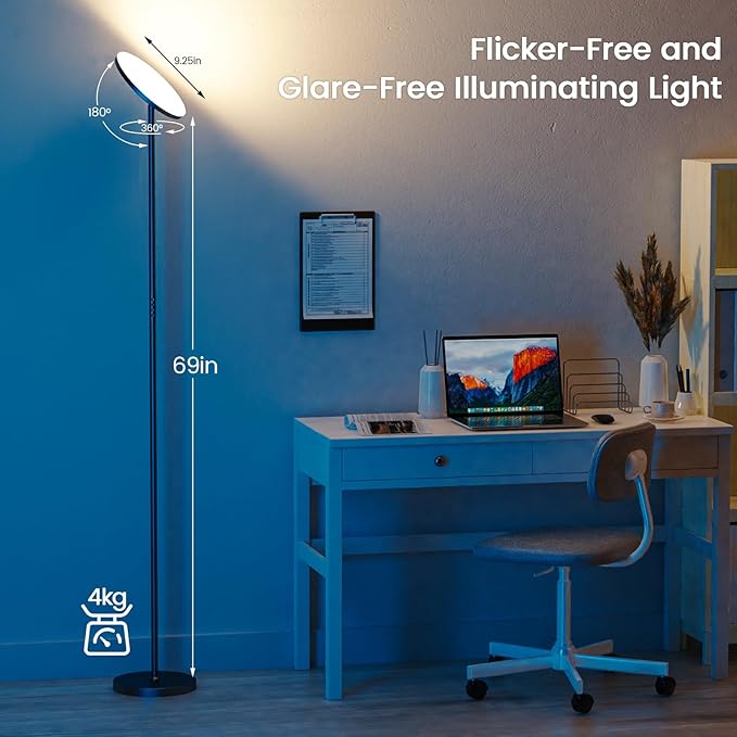 Dimunt Floor Lamp, 30W/2400LM LED Modern Torchiere Sky Lamp, 3000K-5000K Super Bright Dimmable Standing Tall Lamp with 3 Color Temperatures, Remote Button Control, 1 Hour Timer for Living Room Office - LeafyLoom