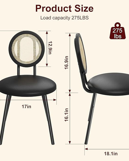 IDEALHOUSE Dining Chairs Set of 2, Rattan Kitchen Chairs with Thicken Upholstered, Modern Dining Room Chairs Set of 2, Space Saving Dining Chairs with Metal Legs for Living Room (1, Black) - LeafyLoom