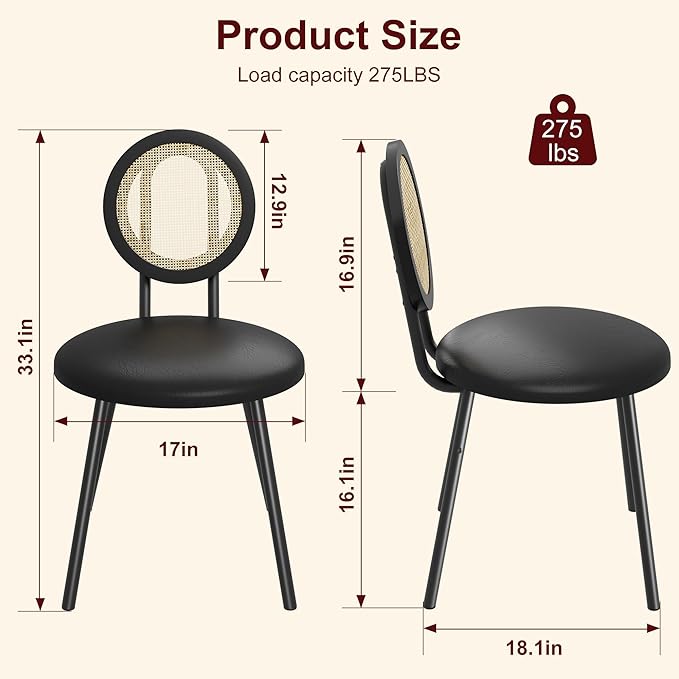 IDEALHOUSE Dining Chairs Set of 2, Rattan Kitchen Chairs with Thicken Upholstered, Modern Dining Room Chairs Set of 2, Space Saving Dining Chairs with Metal Legs for Living Room (1, Black) - LeafyLoom
