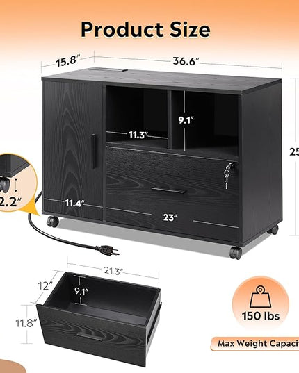 DEVAISE File Cabinet with Charging Station, 1-Drawer Lateral File Cabinets with lock for home office, Wooden Rolling Printer Stand with Shelves, Black - LeafyLoom