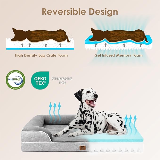 EHEYCIGA Orthopedic XL Dog Beds, Waterproof Memory Foam Dog Bed for Extra Large Dogs, Non-Slip Bottom and Egg-Crate Foam Big Dog Couch Bed with Washable Removable Cover, Grey EHEYCIGA