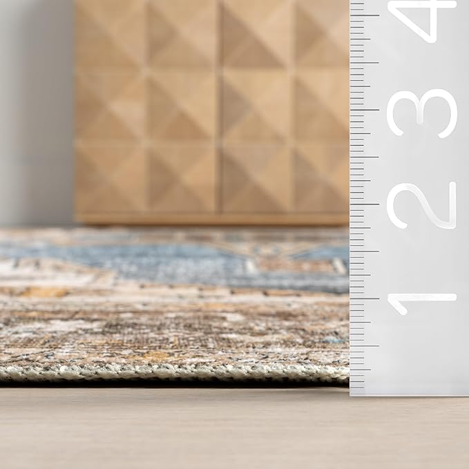 nuLOOM Gracie Distressed Medallion Machine Washable Ultra Thin Area Rug, 5x8, Blue - LeafyLoom
