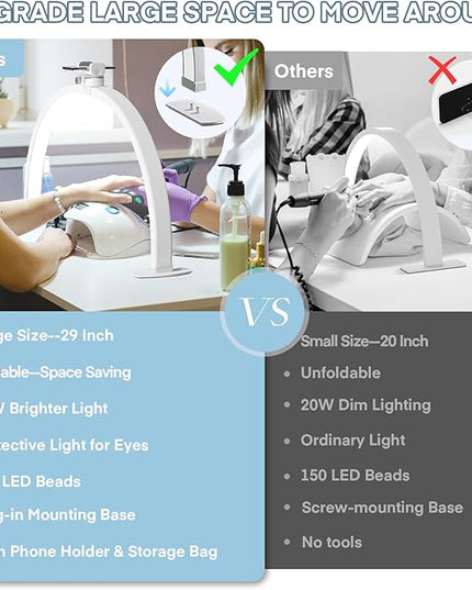 MYSWEETY Foldable Half Moon Light for Nail Desk, 29 Inch Led Nail Tech Desk Lamp, Half Moon Table Lamp with Phone Holder, 3000-6500K Esthetician Lash Light for Eyelash Extensions, Tattoo, Eyebrow - LeafyLoom