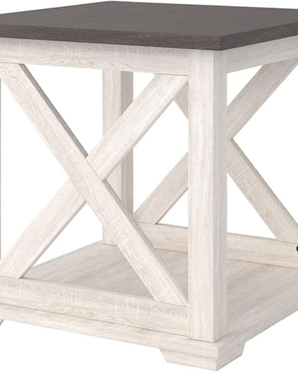 Signature Design by Ashley Dorrinson Modern Farmhouse 47" Home Office Desk with 2 Drawers, Whitewash & Dorrinson Square Modern Farmhouse End Table, Two Tone White & Brown - LeafyLoom