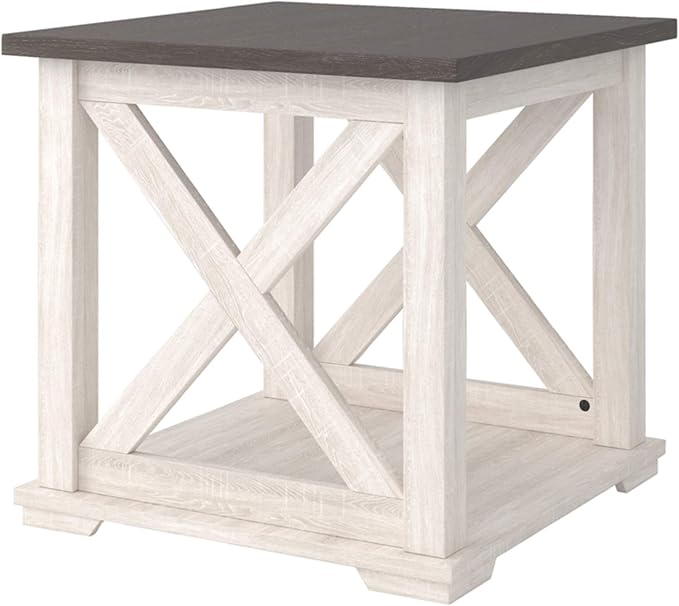 Signature Design by Ashley Dorrinson Modern Farmhouse 47" Home Office Desk with 2 Drawers, Whitewash & Dorrinson Square Modern Farmhouse End Table, Two Tone White & Brown - LeafyLoom