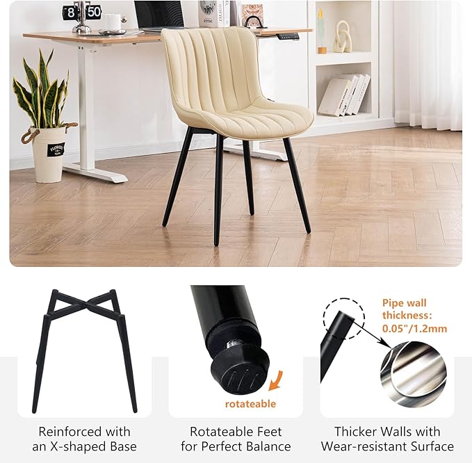 YOUNUOKE Beige Dining Chairs Set of 2 Upholstered Mid Century Kitchen Chairs Armless Faux Leather Modern Side Chair with Padded Backs Metal Legs for Living Room Bedrooms - LeafyLoom
