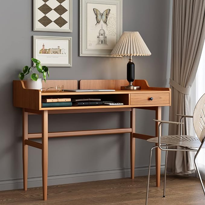 Vintage-style Desk with Scandinavian Flair, Computer or Laptop Desk, Writing Desk with Drawer and Open Storage Cubby, Small Space Dressing Table. - LeafyLoom