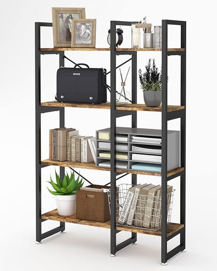 4 Tier Bookcase and Bookshelf, Rustic Industrial Bookshelf, Large Etagere Bookshelf Open Display Shleves with Metal Frame for Living Room Bedroom Home Office, Rustic Brown - LeafyLoom