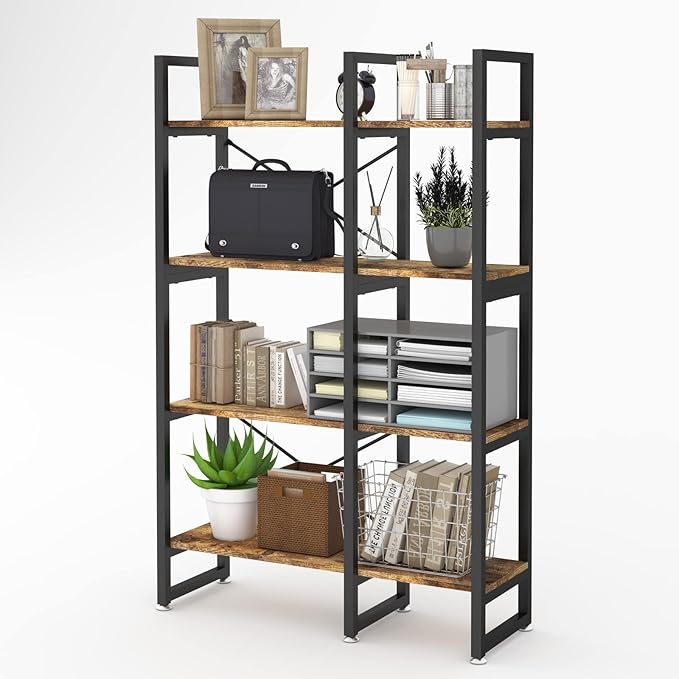 4 Tier Bookcase and Bookshelf, Rustic Industrial Bookshelf, Large Etagere Bookshelf Open Display Shleves with Metal Frame for Living Room Bedroom Home Office, Rustic Brown - LeafyLoom