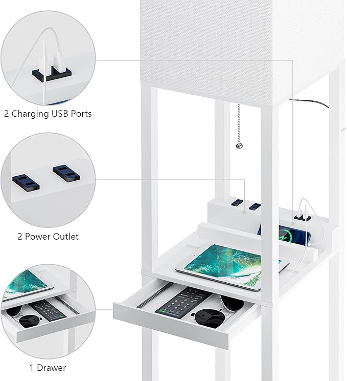 SUNMORY Dimmable Floor Lamp with Shelves,Modern Solid Wood Standing Lamp with 1 Drawer and 2 USB Ports & 2 Power Outlet,Corner Tall Bookshelf Lamp for Living Room and Bedroom(White) - LeafyLoom