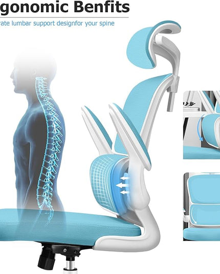 Ergonomic Office Chair, High Back Mesh Desk Chair with Lumbar Support and Adjustable Headrest, Computer Gaming Chair with Flip-up Armrests, Executive Swivel Chair for Home Office (Blue) - LeafyLoom