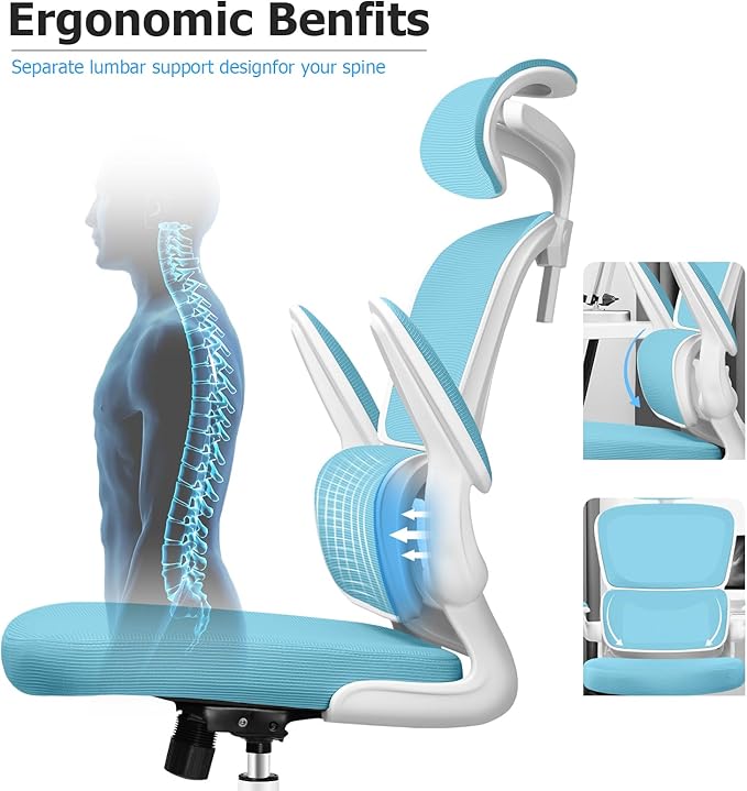 Ergonomic Office Chair, High Back Mesh Desk Chair with Lumbar Support and Adjustable Headrest, Computer Gaming Chair with Flip-up Armrests, Executive Swivel Chair for Home Office (Blue) - LeafyLoom