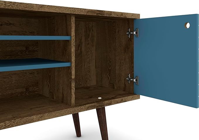 Manhattan Comfort Liberty Mid Century Modern TV Stand for Televisions up to 50 Inches, Bedroom and Living Room Entertainment Center with Storage, Shelves, and Cabinet, 53" Wide, Rustic Brown/Aqua - LeafyLoom