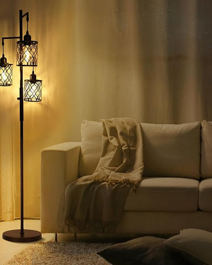 68" Farmhouse floor lamp, Dimmable Industrial Floor Lamps for Living Room, 3 Light Rustic Standing Tall Lamp Including 3 PCS 6W E26 Bulbs, Tree Floor Lamp for Bedrooms Room, Office, Bar, Brown - LeafyLoom
