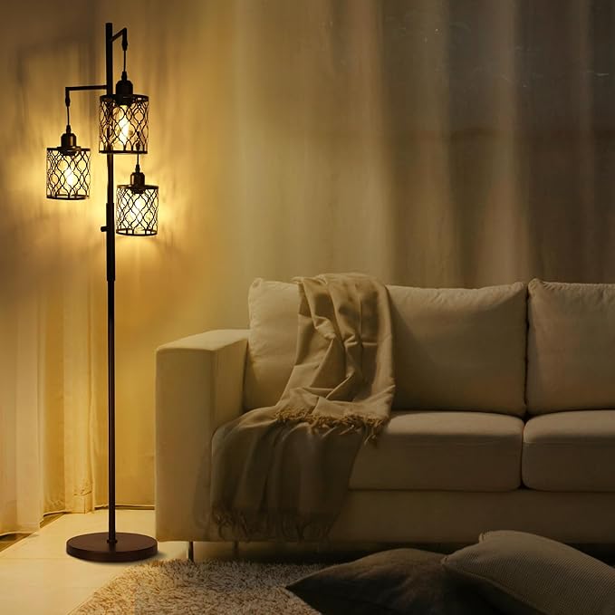 68" Farmhouse floor lamp, Dimmable Industrial Floor Lamps for Living Room, 3 Light Rustic Standing Tall Lamp Including 3 PCS 6W E26 Bulbs, Tree Floor Lamp for Bedrooms Room, Office, Bar, Brown - LeafyLoom