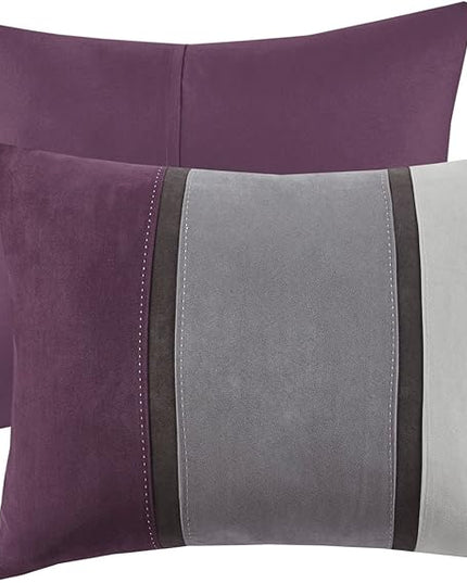 Madison Park Palisades Comforter Set Modern Faux Suede Pieced Stripe Design, All Season Down Alternative Cozy Bedding with Matching Shams, Decorative Pillows, King(104"x92"), Purple 7 Piece - LeafyLoom