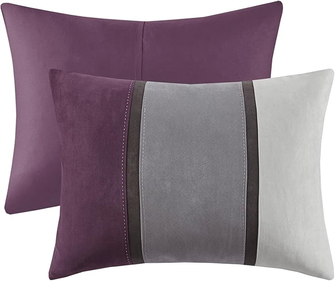 Madison Park Palisades Comforter Set Modern Faux Suede Pieced Stripe Design, All Season Down Alternative Cozy Bedding with Matching Shams, Decorative Pillows, King(104"x92"), Purple 7 Piece - LeafyLoom