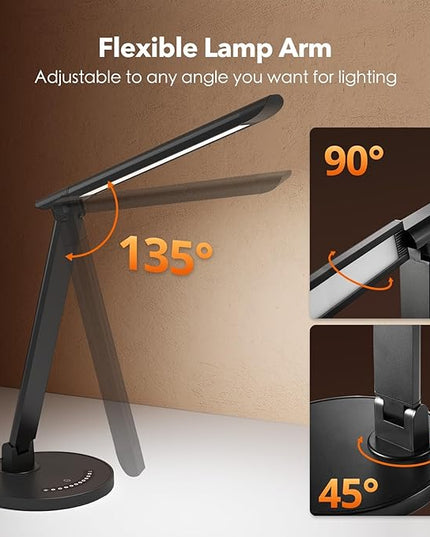 LED Desk Lamp, Metal Desk Light 12W 550lm, Dimmable Touch Control Lamp with USB Charging Port, Eye-Caring Desk Light with 5 Color Modes with 7 Brightness Levels, for Home, Office, School, Black - LeafyLoom