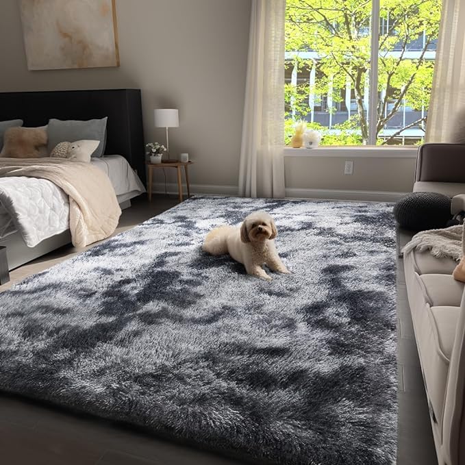 Ophanie Rugs for Bedroom, Machine Washable Fluffy Shaggy Soft Area Rug, Non-Slip Indoor Floor Carpet for Living Room, Kids Boys Teen Dorm Home Decor Aesthetic, Nursery, 4x6 Feet Black and Grey - LeafyLoom