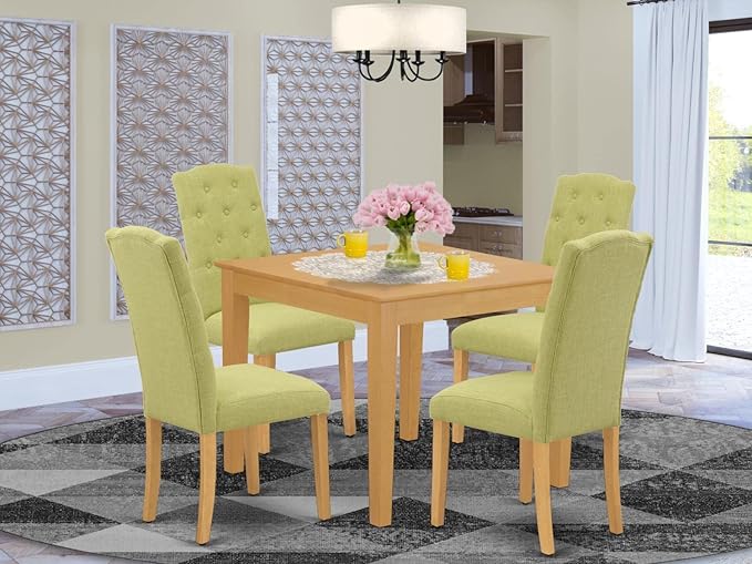East West Furniture OXCE5-OAK-07 Oxford 5 Piece Room Set Includes a Square Kitchen Table and 4 Limelight Linen Fabric Parson Dining Chairs, 36x36 Inch - LeafyLoom