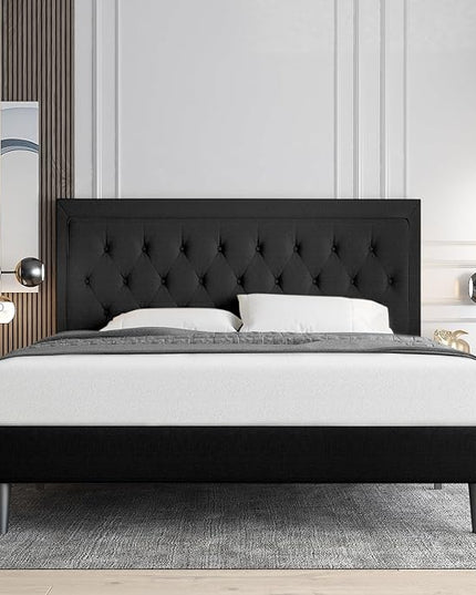 Allewie Queen Size Bed Frame Upholstered Platform Bed with Adjustable Headboard, Button Tufted, Wood Slat Support, Easy Assembly, Black - LeafyLoom