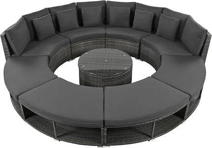 9-Pieces Outdoor Patio Furniture Set, Rattan Wicker Circular Sectional Sofa with Storage, Tempered Glass Table and 6 Pillows, Garden Lawn Half Moon Conversation Couch, Grey - LeafyLoom