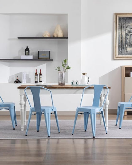 Modern Dining Chair Set of 4, Stackable Metal Chairs, Waterproof Counter Bar Chairs with High Backrest, Quick Assembly Cafe Chairs, Tolix Style for Home, Kitchen and Bar Use, Blue - LeafyLoom