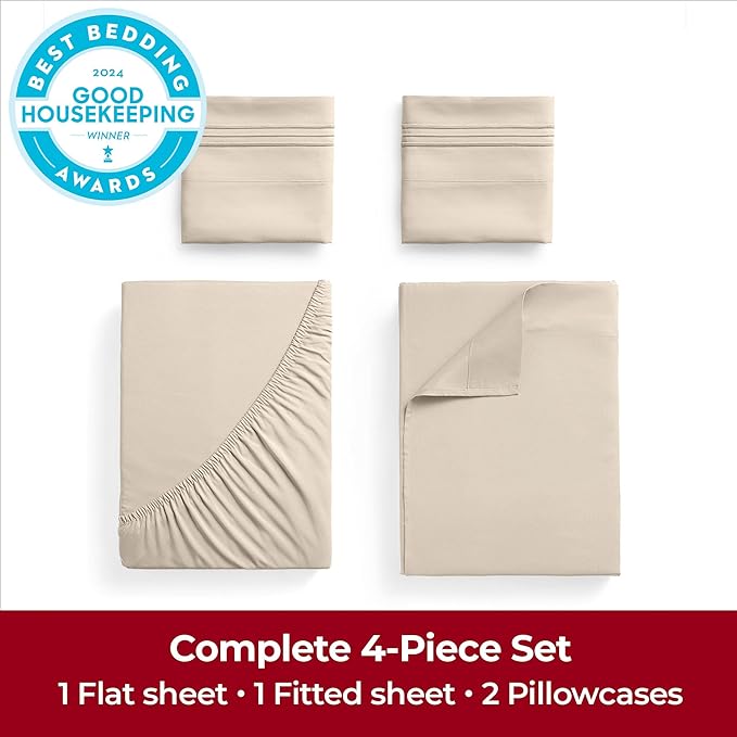 Mellanni Extra Deep Full Sheets - 4 PC Iconic Collection Bedding Sheets & Pillowcases - Hotel Luxury, Ultra Soft, Cooling Bed Sheets - Extra Deep Pocket up to 21 inch (Full, Burnt Sand) - LeafyLoom