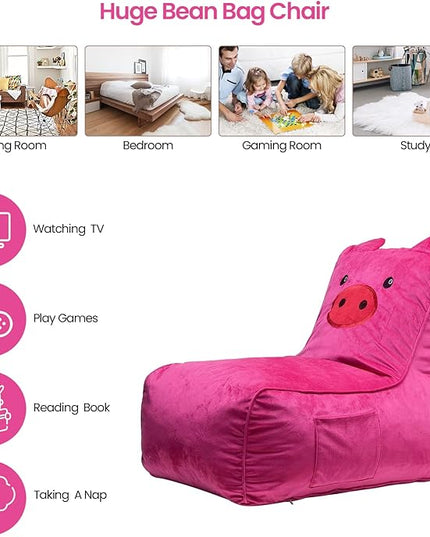 Bean Bag Chair for Kids, Cute Pig L-Shape Animal Bean Bag Sofa with Top Handles and Side Pockets, Cute Soft and Comfy Bean Bag Chair with Filler Included, Ages 1+ Children's Day Gifts - LeafyLoom