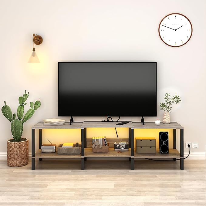 LED TV Stand with Power Outlet for Living Room+75 Inch Wood TV Media Console for 45/55/65/75 inch TVs，Industrial TV Stand，TV Stand Media Entertainment Center,Greige LTV06ZE - LeafyLoom