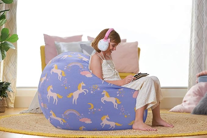 Aubliss Stuffed Animal Bean Bag Storage Chair (Light Blue Unicorn, X-Large (48'')) - LeafyLoom