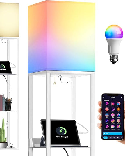 Evajoy Floor Lamp with Shelves, Smart RGB Floor Lamps Work with Alexa, with 2 USB Ports & 1 AC Output, Modern 4-tier Lamp for Display Storage, Floor Lamps for Living Room, Bedroom, Office,White - LeafyLoom