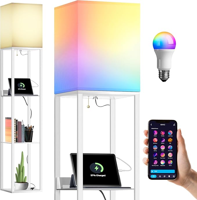 Evajoy Floor Lamp with Shelves, Smart RGB Floor Lamps Work with Alexa, with 2 USB Ports & 1 AC Output, Modern 4-tier Lamp for Display Storage, Floor Lamps for Living Room, Bedroom, Office,White - LeafyLoom