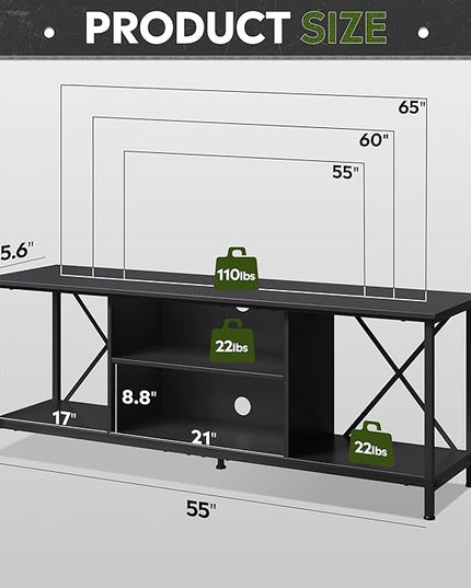 WLIVE TV Stand up to 65 Inch TV, 55" Entertainment Center, Industrial TV Console with Open Storage Shelf for Living Room and Bedroom, Black - LeafyLoom