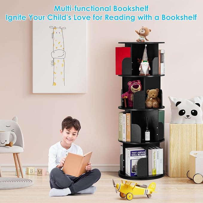 4 Tier Rotating Bookshelf kids, Small Corner Bookshelf for Small Space, 360 Display Floor Standing Bookcase Storage Rack, Wood Narrow Book Shelf Organizer for Home Office,Bedroom, Living Room - LeafyLoom