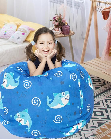 Stuffed Animal Storage Bean Bag Chair Cover, Hold Kids Plush Toys Blankets Towels Beanbag (Cover Only), Canvas Floor Circle Stuff Sit Seat Sofa with YKK Zipper, Extra Large 38", Blue Shark - LeafyLoom