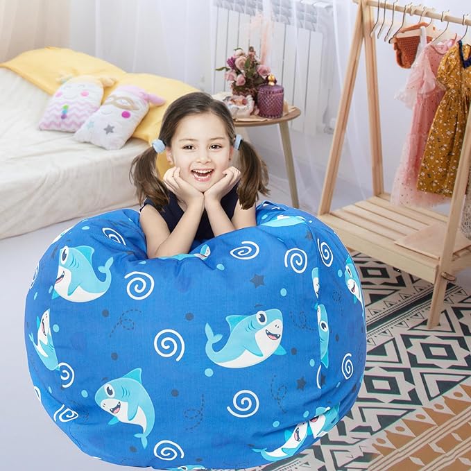 Stuffed Animal Storage Bean Bag Chair Cover, Hold Kids Plush Toys Blankets Towels Beanbag (Cover Only), Canvas Floor Circle Stuff Sit Seat Sofa with YKK Zipper, Extra Large 38", Blue Shark - LeafyLoom