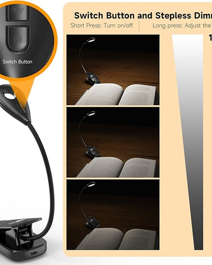 Book Lights for Reading in Bed, 12 LEDs Rechargeable Battery Clip Lamp with 3 Lighting Color, Stepless Dimming, Eye Protection, 80 Hours Runtime, 360° Flexible Gooseneck, Lightweight, Portable - LeafyLoom