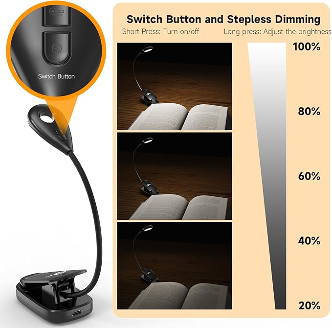 Book Lights for Reading in Bed, 12 LEDs Rechargeable Battery Clip Lamp with 3 Lighting Color, Stepless Dimming, Eye Protection, 80 Hours Runtime, 360° Flexible Gooseneck, Lightweight, Portable - LeafyLoom