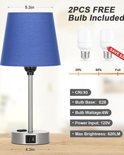 Table Lamps for Bedrooms Set of 2 Bedside - Nightstand Bedroom Lamp with USB C Port and AC Outlet Charging, Dimmable Touch Small End Side Lamp, Blue Night Stand Light for Kid/Guest Room/Living Room - LeafyLoom