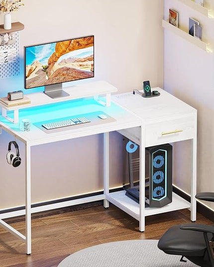 White Computer Desk with Drawer and Power Outlets, 47" Office Desk with Monitor Stand and Sheleves,Writing Study Gaming Desks with Led Light and Headphone Hook for Bedroom - LeafyLoom