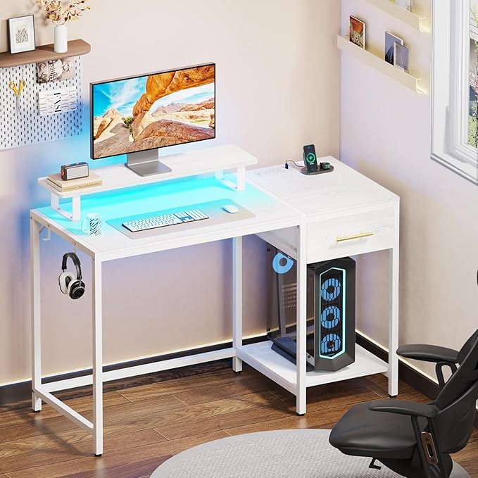 White Computer Desk with Drawer and Power Outlets, 47" Office Desk with Monitor Stand and Sheleves,Writing Study Gaming Desks with Led Light and Headphone Hook for Bedroom - LeafyLoom