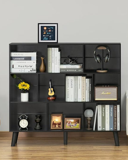 YAHARBO 10 Cube Bookshelf,3 Tier Bookcase with Legs,Black Mid-Century Modern Bookshelves,Large Free Standing Open Storage Organizer Shelf,Tall Wooden Book Case Furniture for Bedroom,Living Room,Office - LeafyLoom
