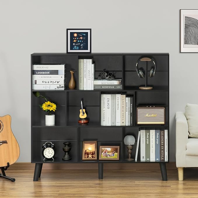 YAHARBO 10 Cube Bookshelf,3 Tier Bookcase with Legs,Black Mid-Century Modern Bookshelves,Large Free Standing Open Storage Organizer Shelf,Tall Wooden Book Case Furniture for Bedroom,Living Room,Office - LeafyLoom