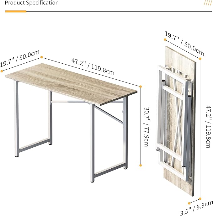 Folding Desk 47 inch No Assembly Required Home Office Table, Writing Gaming Computer Camping Desk, Beige - LeafyLoom