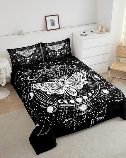 Kids Boho Moth Comforter Set Queen Boys Gothic Skull Bedding Set For Men Women Bedroom Decor Bohemian Moon Starry Sky Comforter Exotic Moth Skull Skeleton Bones Duvet Set Teens Quilt Set, Black White - LeafyLoom