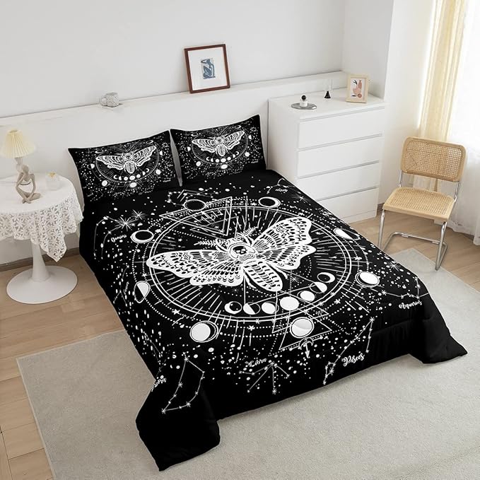 Kids Boho Moth Comforter Set Queen Boys Gothic Skull Bedding Set For Men Women Bedroom Decor Bohemian Moon Starry Sky Comforter Exotic Moth Skull Skeleton Bones Duvet Set Teens Quilt Set, Black White - LeafyLoom